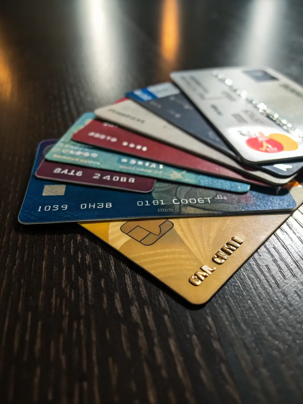 A stack of credit cards with varying rewards programs and interest rates, set against a backdrop of financial documents.