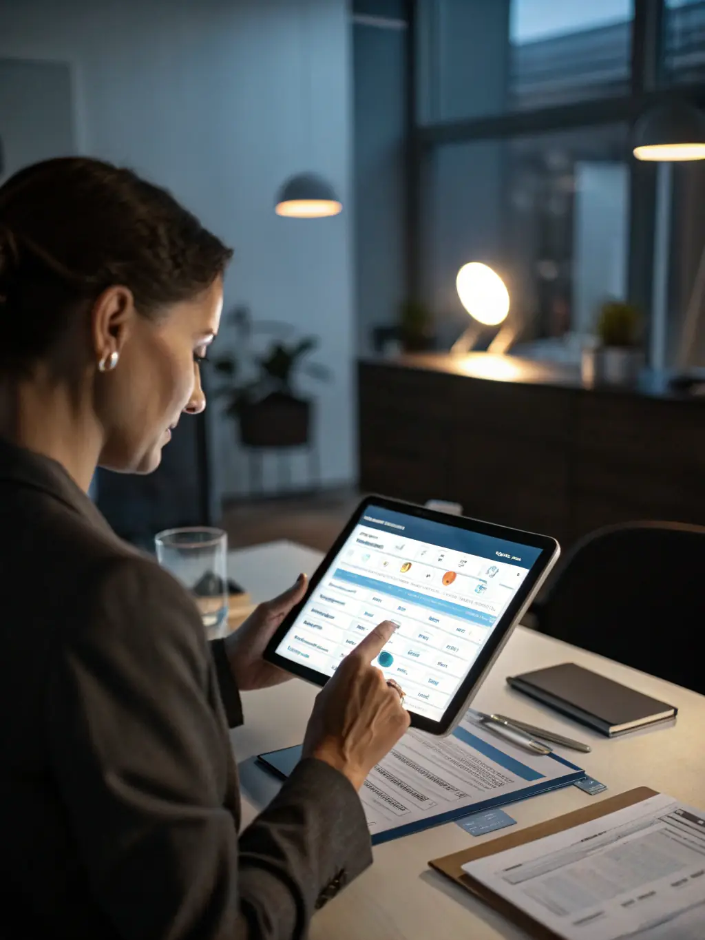 A person using online banking on a tablet with charts and graphs in the background, symbolizing digital finance.