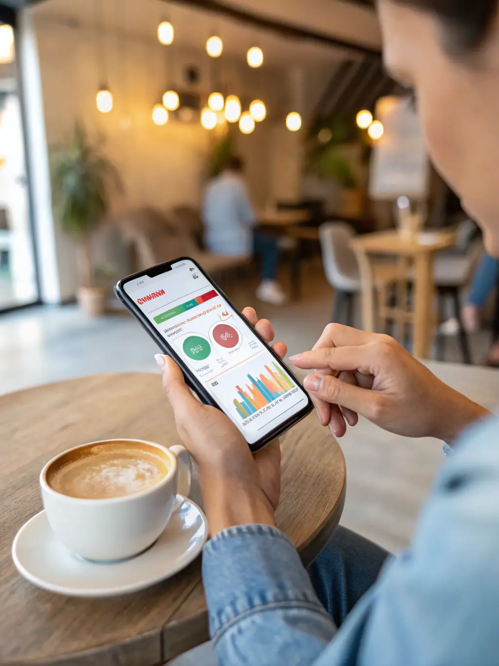 A person using a budgeting app on their smartphone, with charts and graphs displayed, symbolizing modern budgeting techniques.