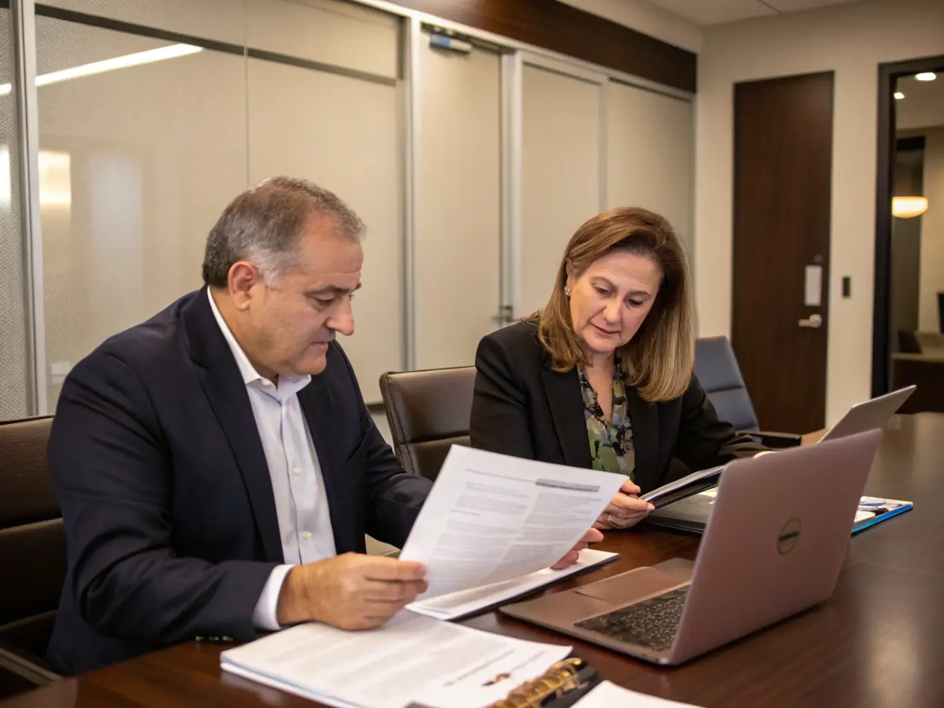 An image showing a business owner discussing financial reports with an accountant, emphasizing the collaborative aspect of financial inspections and the importance of expert advice.