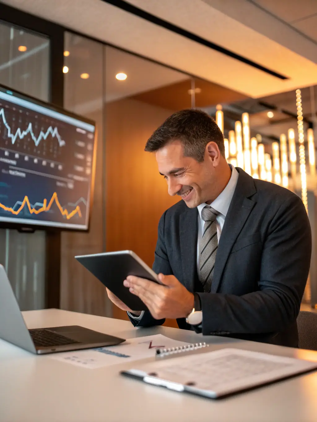 A person holding a diverse portfolio of investments, including stocks, bonds, and real estate, displayed in a modern, well-lit office setting.