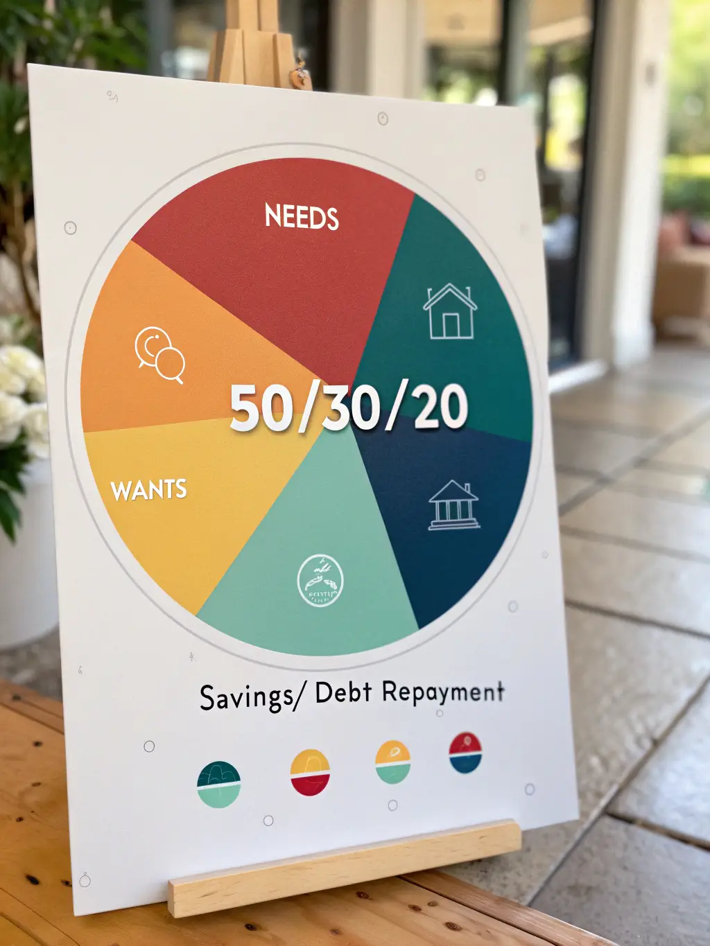 A visual representation of the 50/30/20 rule, showing the allocation of income to needs, wants, and savings.