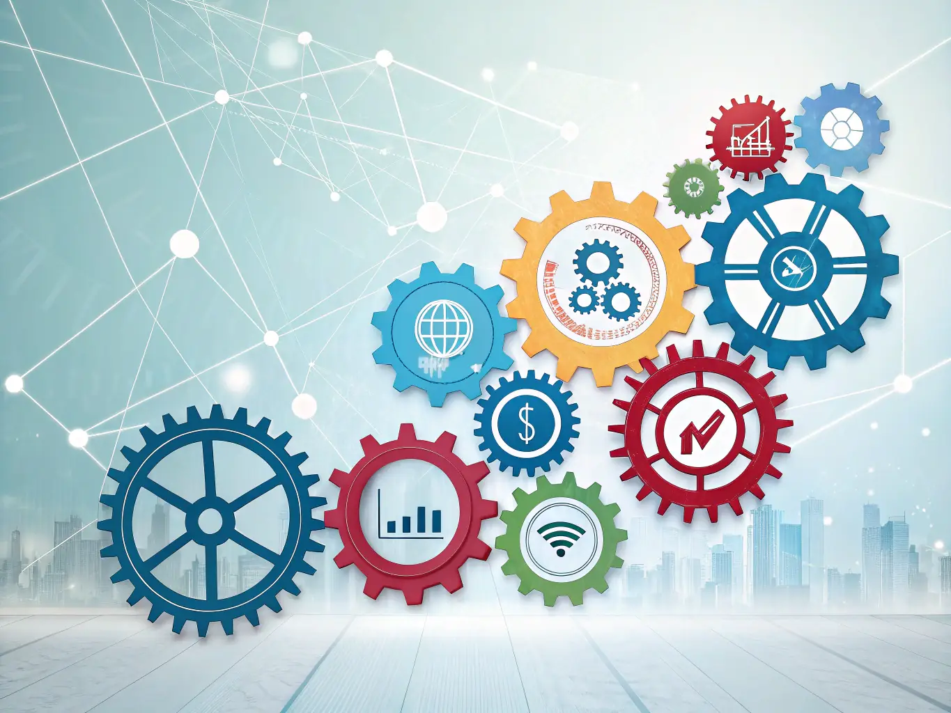 An illustration depicting automated accounting processes, such as invoice generation and bank reconciliation, with gears and cogs representing efficiency.