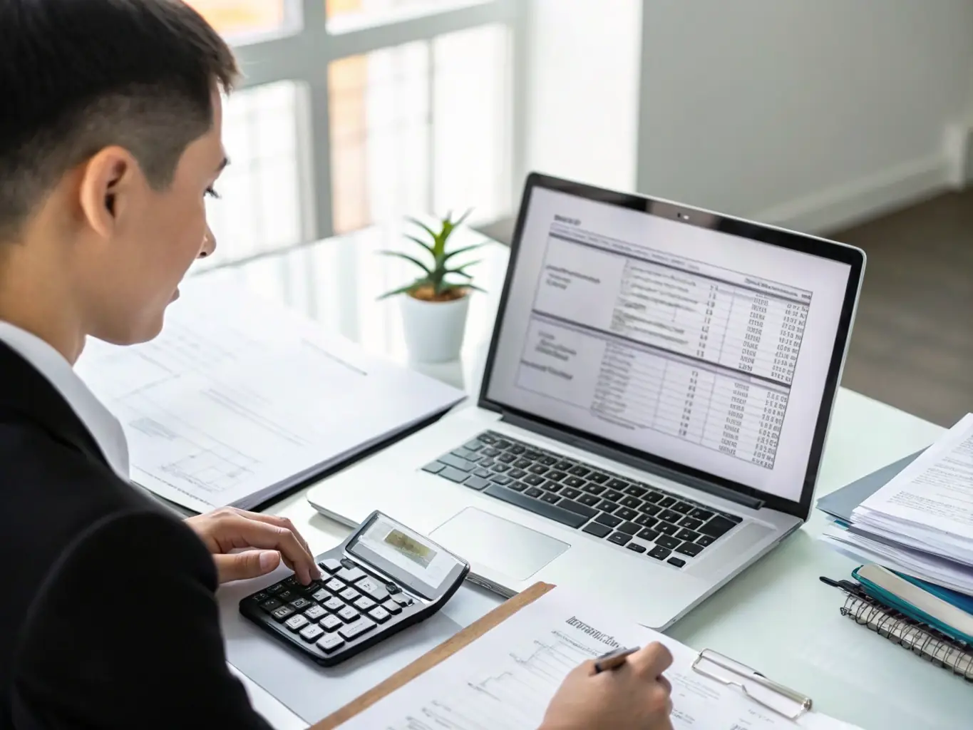A person reviewing financial documents with a calculator and pen, symbolizing financial planning and analysis.
